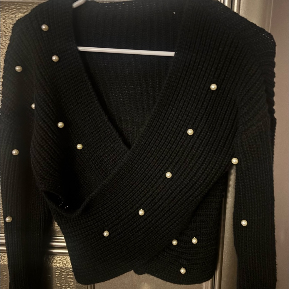 SHEIN Black Sweater with Pearl Accents